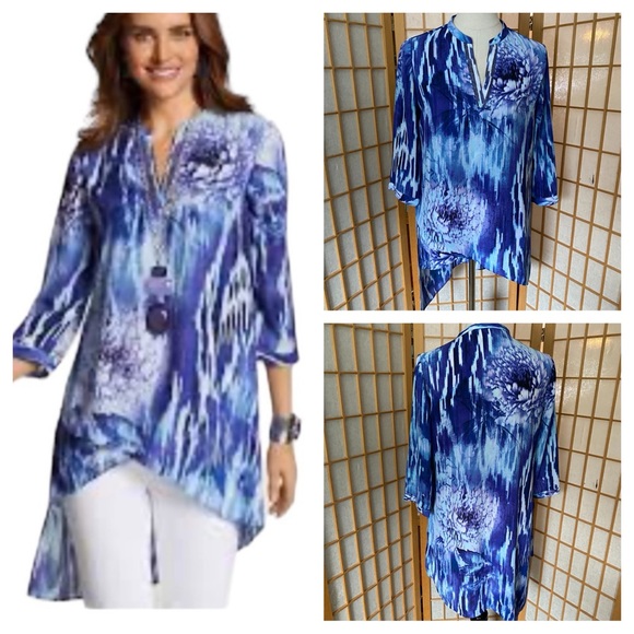 Chico’s Blue Watercolor Floral Asymmetrical Flowy Tunic Top SZ S (4) - Picture 1 of 16